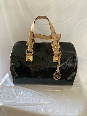 Michael Kors Black Patent Satchel with Tan Handles and Gold Hardware